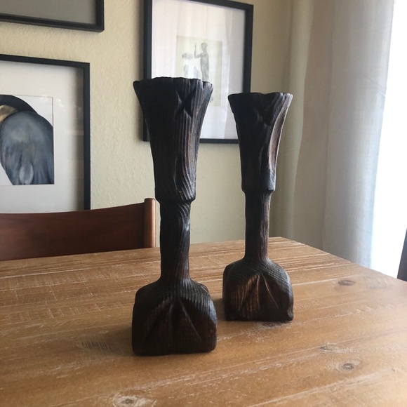 Vintage Wood Handmade Carved Column Candle Holder